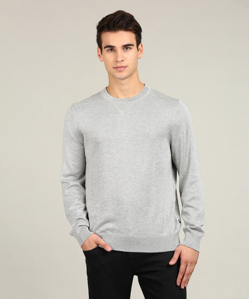 Nautica Self Design Round Neck Casual Men\u0027s Grey Sweater